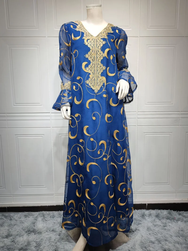 Abaya Muslim Long Dress Women Flare Sleeve Loose Robe Fashion Embroidery Elegant Islam Jalabiya Party Muslim Maxi Dress Vestidos