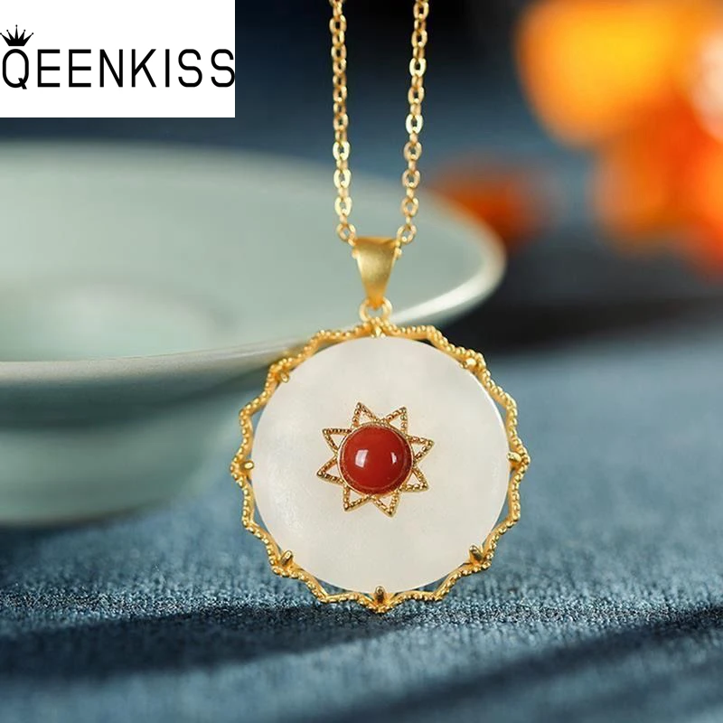 

QEENKISS NC5281 Fine Jewelry Wholesale Fashion Woman Bride Mother Birthday Wedding Gift Vintage Jade Agate 24KT Gold Necklace