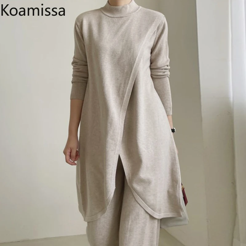 

Женский спортивный костюм Koamissa, из двух предметов, асимметричный длинный свитер с разрезом и широкие брюки с высокой талией, однотонный кос...