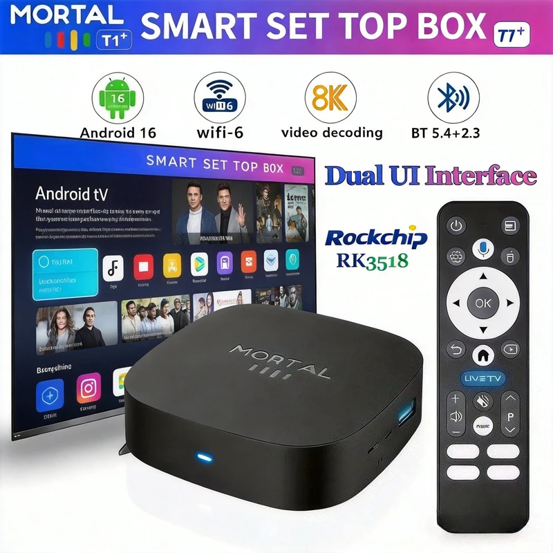 Фото Смарт ТВ-приставка 2026 T1+ Android 16 на Rockchip RK3518 с WIFI6, BT 5.4, UI-интерфейсом, 8K HD медиаплеером, голосовым помощником и поддержкой IPTV №1