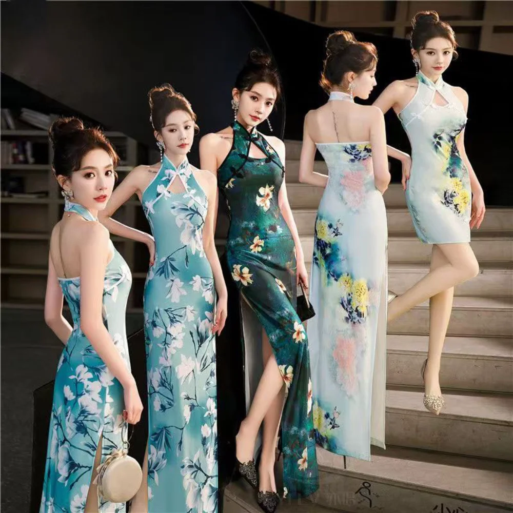 

Chinese Elegant Party Dresses for Women 2023 Sexy Qipao Dress Retro Printed Cheongsams Long Mini Qipao China Dress Robe Chinoise