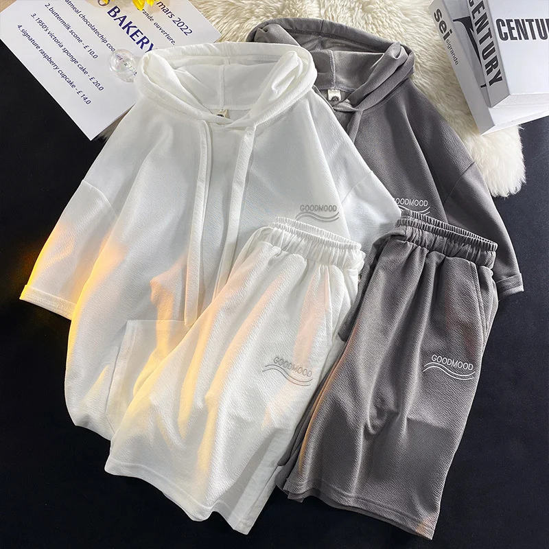 

High quality Sportswear suit Men's college style hooded short sleeved t-shirt shorts 2023 new casual fashion student two-piece s