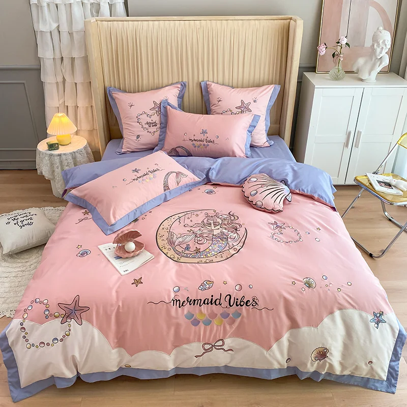 

Pink/Blue Cartoon Mermaid Embroidery 600TC Egyptian Cotton Princess Bedding Set Duvet Cover Bed Sheet Pillowcases Home Textiles