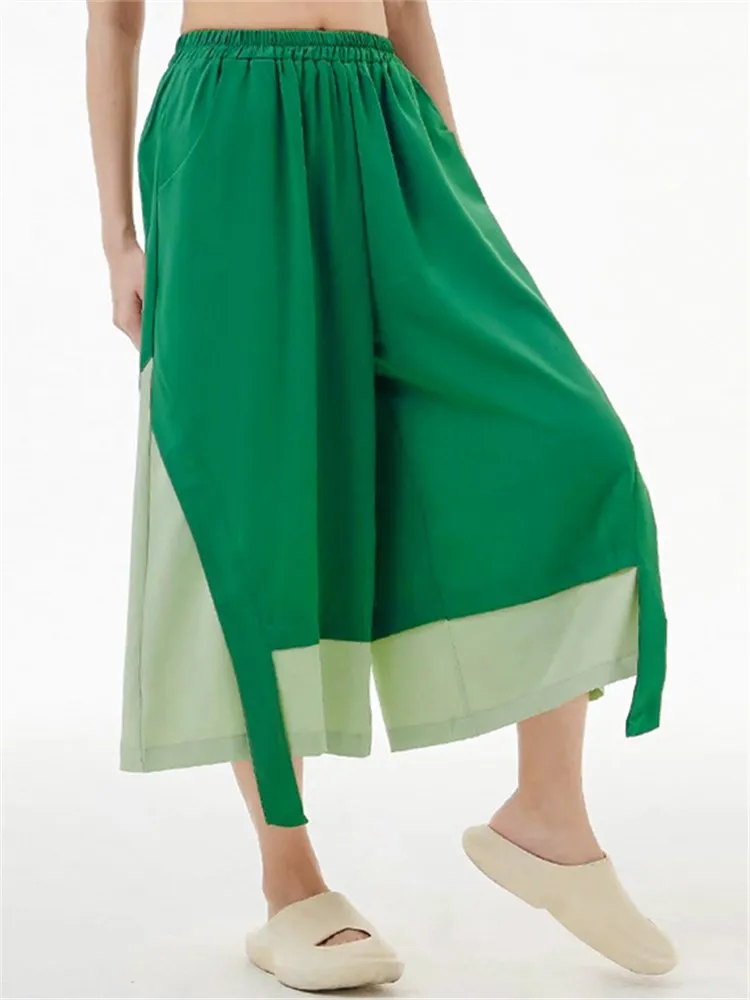 

Fake 2PCS Spliced Wide Leg Pants Skirts 2022 Summer Women Elastic High Waist Loose Casual Streetwear Hip Hop Capris Trouser 1626