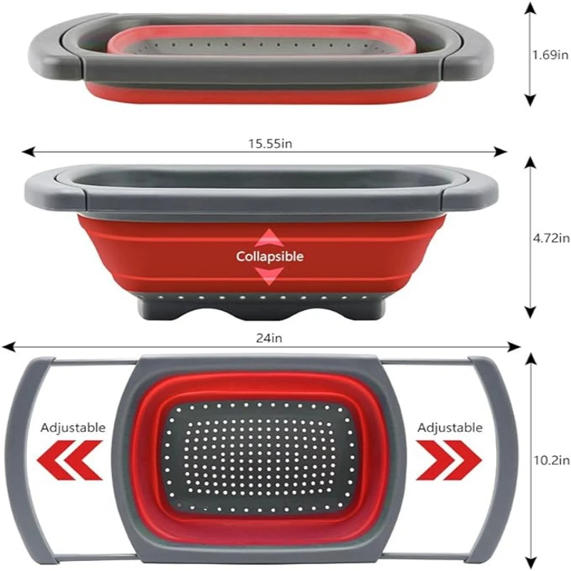 

Foldable Silicone Vegetable Strainer Over the Sink Vegetable Fruit Strainer with Retractable Handle Kitchen Folding Strainer