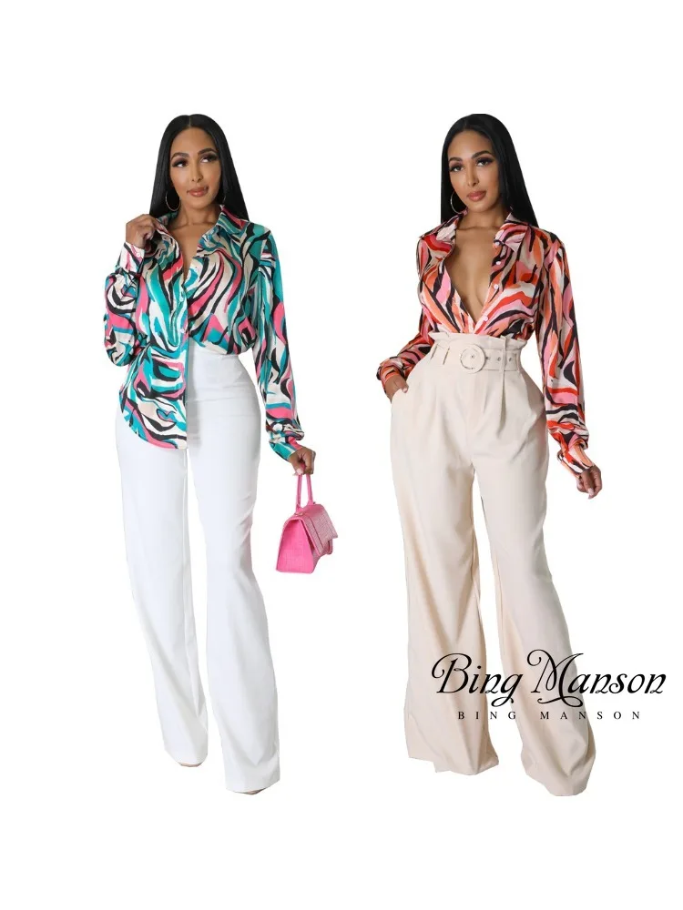 

2023 Autumn New European and American Sexy Women's Fashion Digital Printing Multi Color White Collar Office Women's Shirt Skirt