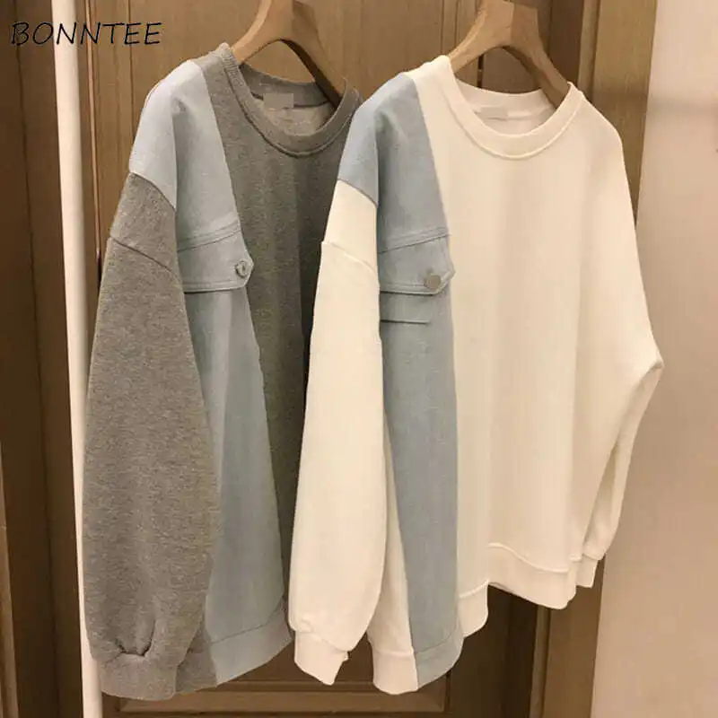 

Sweatshirts Women Patchwork Drop-shoulder Autumn Sweet College Casual Classy Fashion Streetwear Loose All-match Lovely Ulzzang