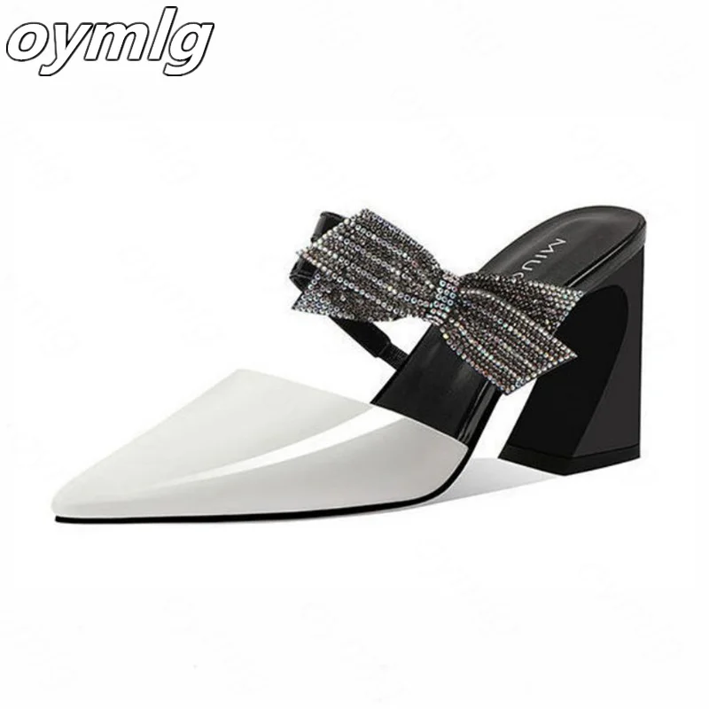 

2022 new summer thick heel Baotou half slippers female pointed rhinestone sandals wear fashion high heel slippers