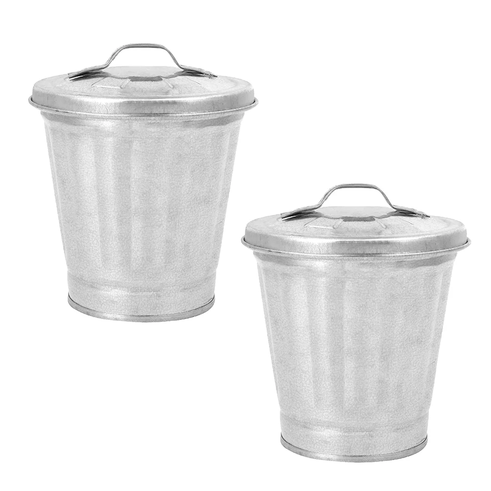 

2 Pcs Office Table Dustbin Garbage Container Debris Storage Bins Lid Tiny Trash Metal Can Desk Pail