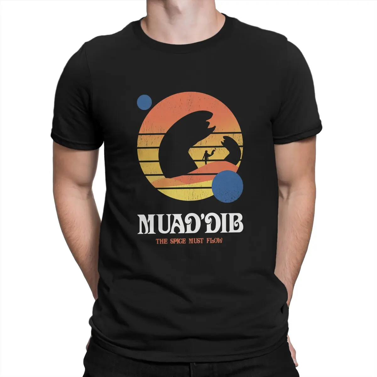 

Muaddib The Spice Must Flow Винтажная Футболка с принтом Arrakis для мужчин, мужская футболка из полиэстера с изображением сериала песни, фантастики и фильмов