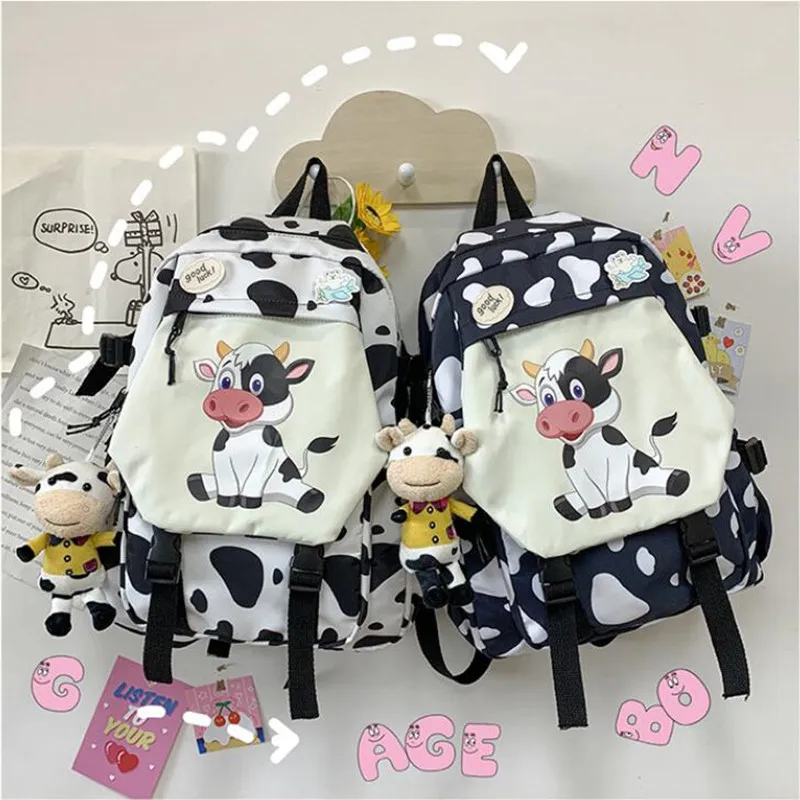 Cow pattern schoolbag female Korean version Japanese wild middle school students junior high school student santi-theft backpack