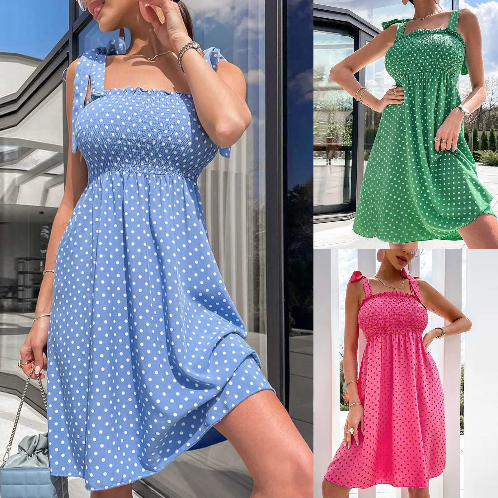 

Summer New Off Shoulder Draped Sling Party Dresses Women's Spring Polka Dot Print A-line Dress Tie-up Bow Sleeveless Beach Dress