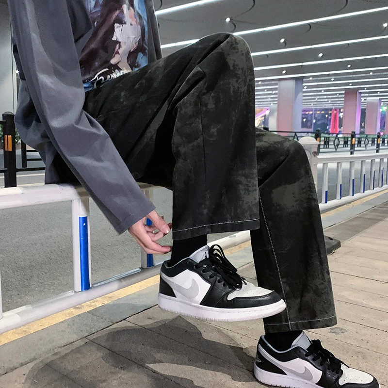 2022 Spring New Korean Style Fashion Tie Dye Harem Jeans Men Elastic Waist Denim Straight Baggy Wide-leg Pants Male Brand