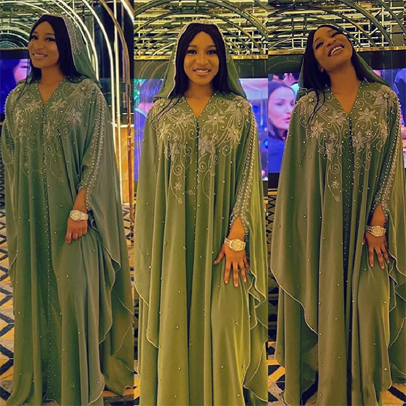 

2022 New Muslim Robes Ladies Abaya Gown for Women Summer Chiffon Pearl Long Church Hijab Dress Traditional Clothing Plus Size