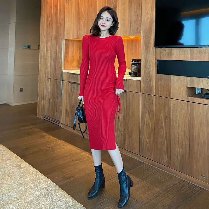 

Red Women's Sweater Dress Midi Long Sleeve Bodycon Knit Sexy Dresses for Women Autumn Winter 2022 Wrap Knitted Maxi Party Gala