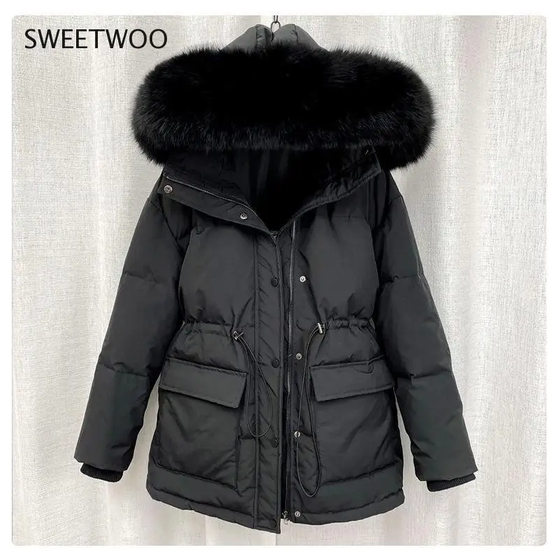 Women Cotton Padded Fur Parka New Big Fur Collar Down Winter Jacket Office Ladies Thick Warm Parkas Female Outerwear Tide 2022