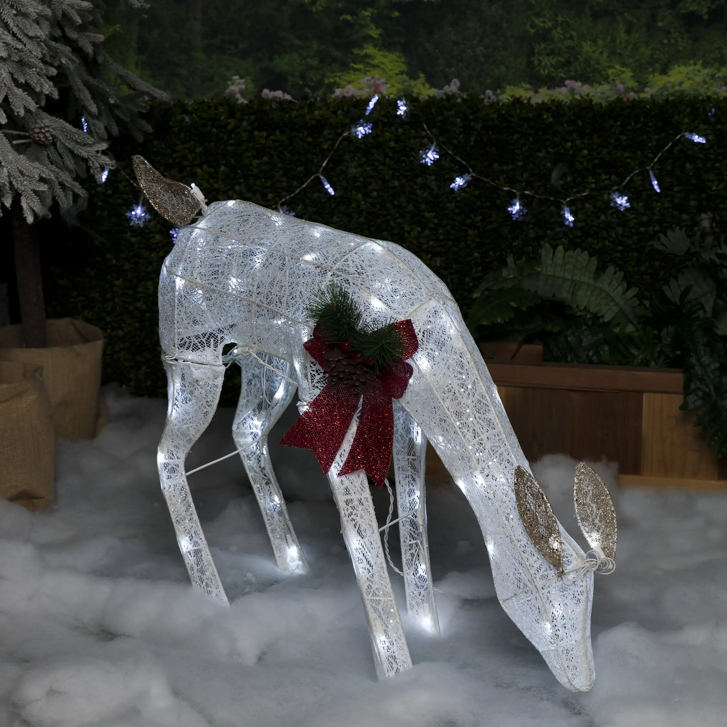 

HMTX 37" x 11" x 28" Light-Up Mesh Grazing Reindeer Holiday Statue, White