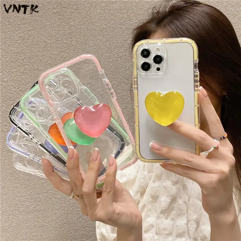 

Cute Clear Luminous Candy Color Heart Folding Stand Female Soft Case For Iphone 11 12 13 Pro Max Xr X Xs Anti-drop Cover Fundas