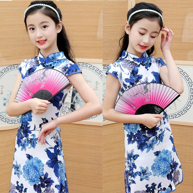 Детское китайское платье-Ципао Qipao сине-белое фарфоровое платье с цветочным