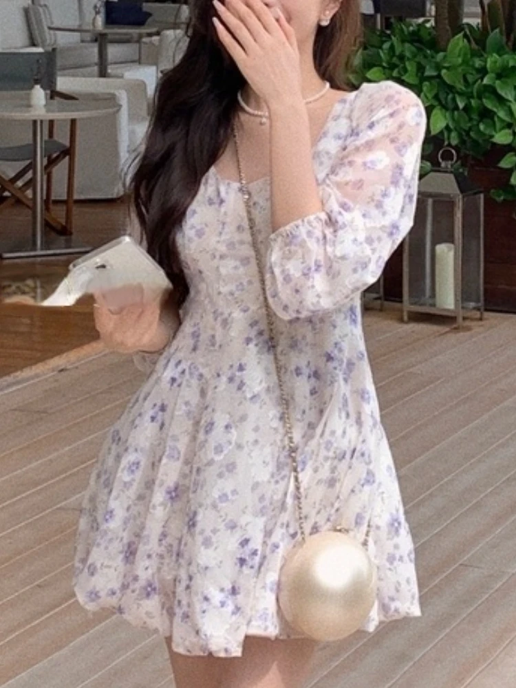 

Летние милые праздничные вечерние-мини с цветочным принтом, женское повседневное платье в Корейском стиле, женское элегантное шифоновое фр...