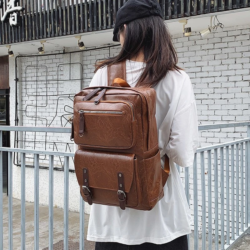 

New 2023 Men Pockets Students Bags Fashionable Books Working Multifunction Multi-zipper Women Leather With Backpacks School