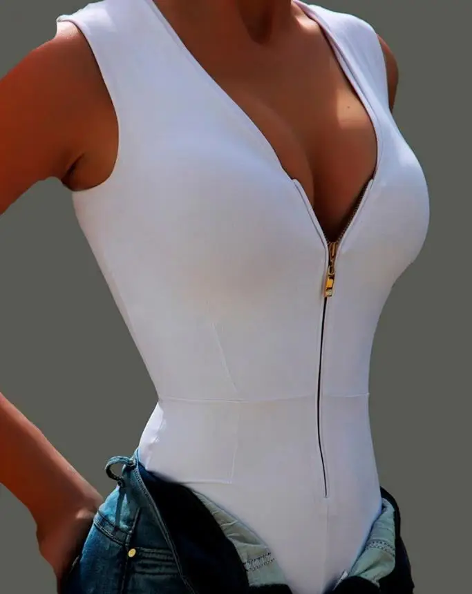 

Женское боди 2023, простой сексуальный облегающий Повседневный боди на молнии спереди с V-образным вырезом без рукавов