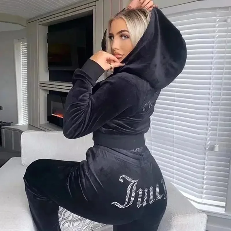 Фото Премиум косплей-костюм для женщин Juicy Couture, зимний, с длинными брюками, худи, комплект из нескольких предметов, на молнии, спортивный костюм Cro Cos. №2
