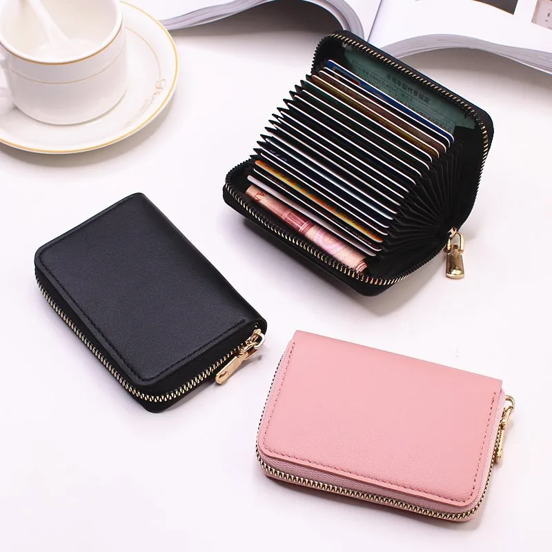 

20 Bits ID Business Bus Card Wallet Red Black Solid Color PU Leather Women Men Zipper Business Card Holder Wallet Case Purse