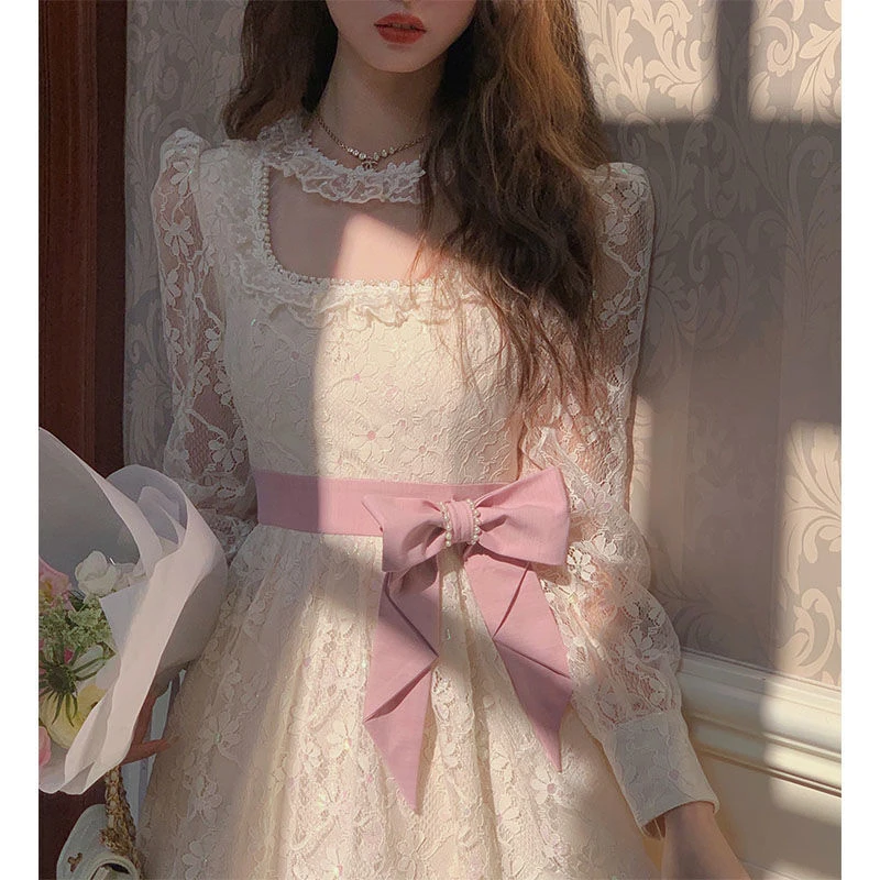 

Elegant Women Dress Lace Fairy Long Sleeve Vintage New Korean Fashion Casual Office Ladies Square Collar Female Midi Dress 2022