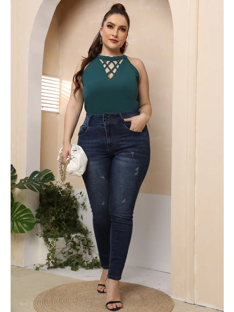 Plus size women sexy openwork burnt-out halter top bottoming shirt casual top plus size feminino t-shirts
