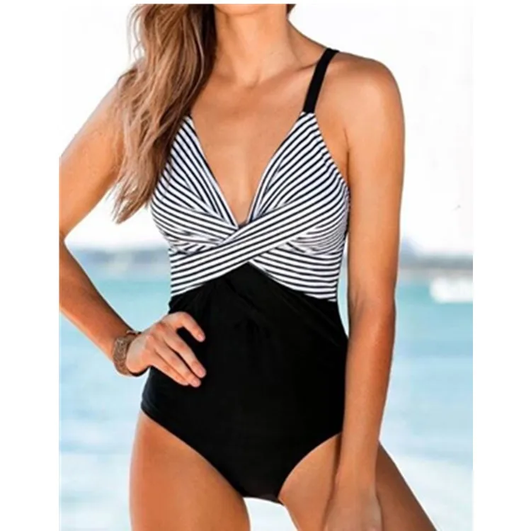

2022 new sexy gathered white striped fashion one-piece bikini swimsuit women