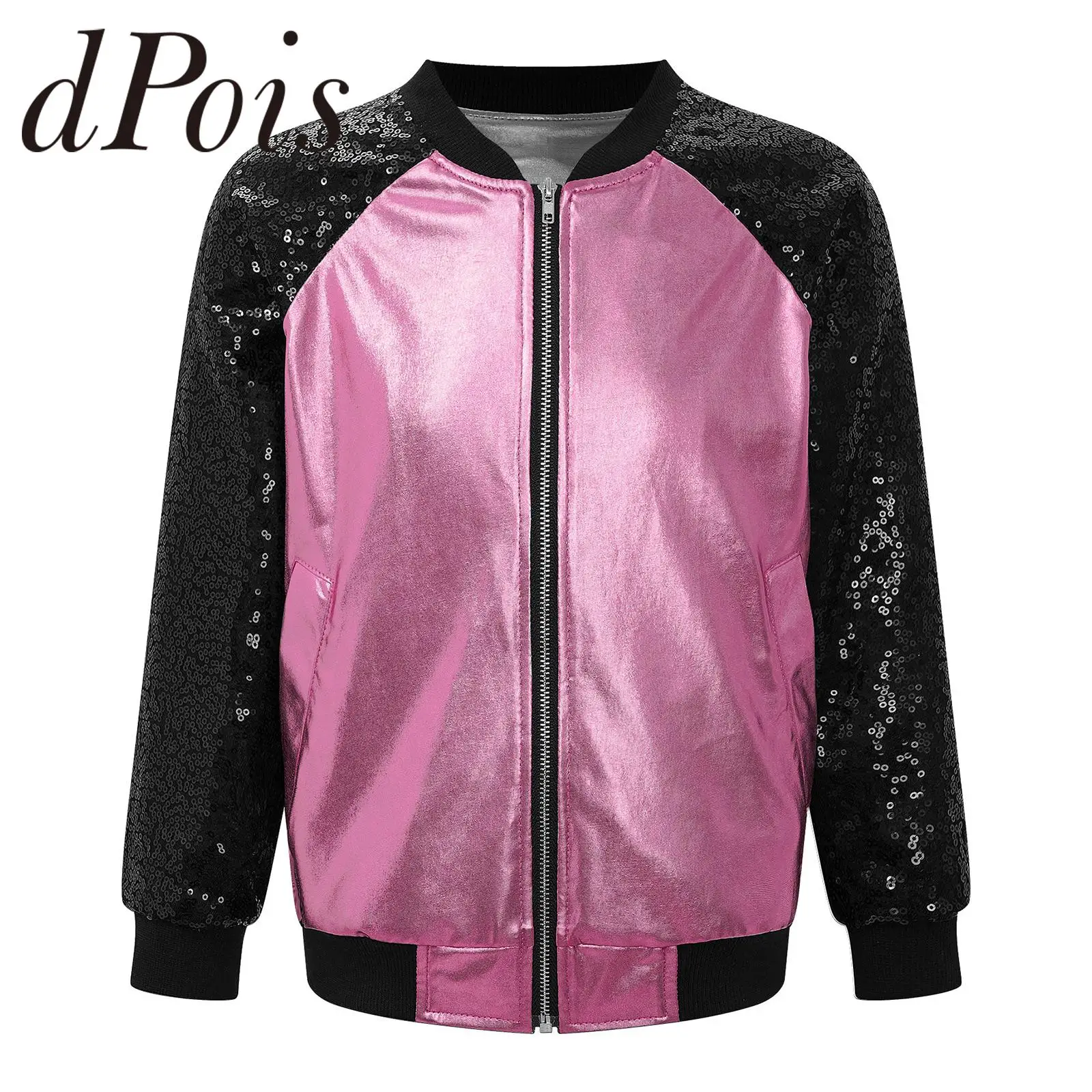 

Fashion Kids Girls Jackets Shiny Sequins Metallic Long Sleeve Zipper Coat for Girl Childrens Hiphop Jazz Dance Costume Outerwear