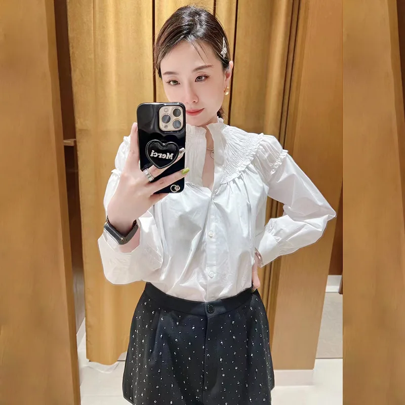 

Плиссированная Однотонная рубашка с длинным рукавом и кружевным воротником на раннюю осень 2023