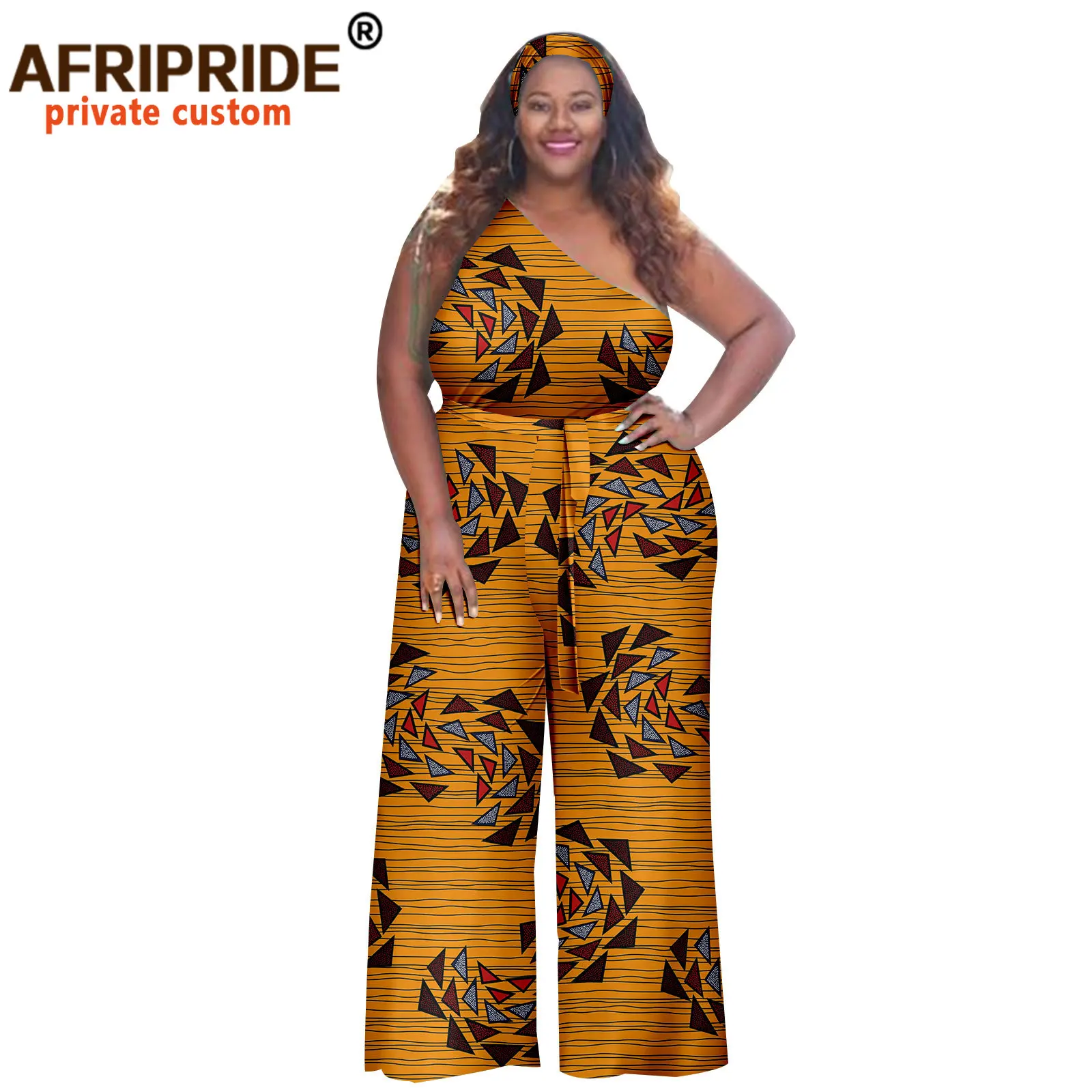 Afripride African Plus Size Women One Shoulder Jumpsuit Sexy Wind Hijab Waistband Set Ladies Jumpsuit A2226020
