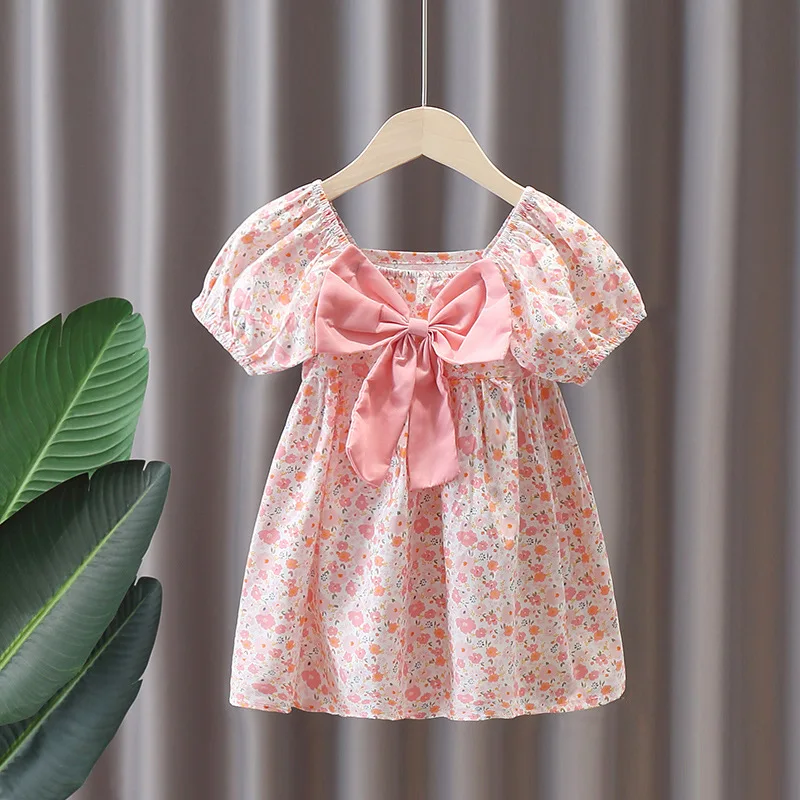 

Summer Dress For Girls Cotton Floral Bow Square Collar Short Sleeve Princess Pink Dress Little Girl Casual Holiday Dress Kids