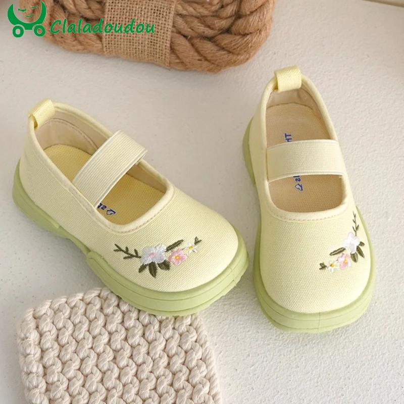

Парусиновые туфли с цветочной вышивкой, повседневные туфли с вышивкой, фиолетового и желтого цвета, для детей от 0 до 6 лет, школьная обувь, 14-19 см, весна 2023