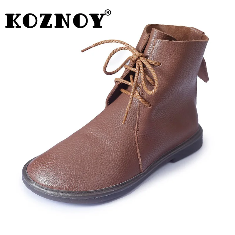 

Koznoy Moccasins Womens Boots 2cm Full Cow Genuine Leather Spring Autumn Ankle Flats Comfy Lace Up Plus Size Loafer Soft Shoes