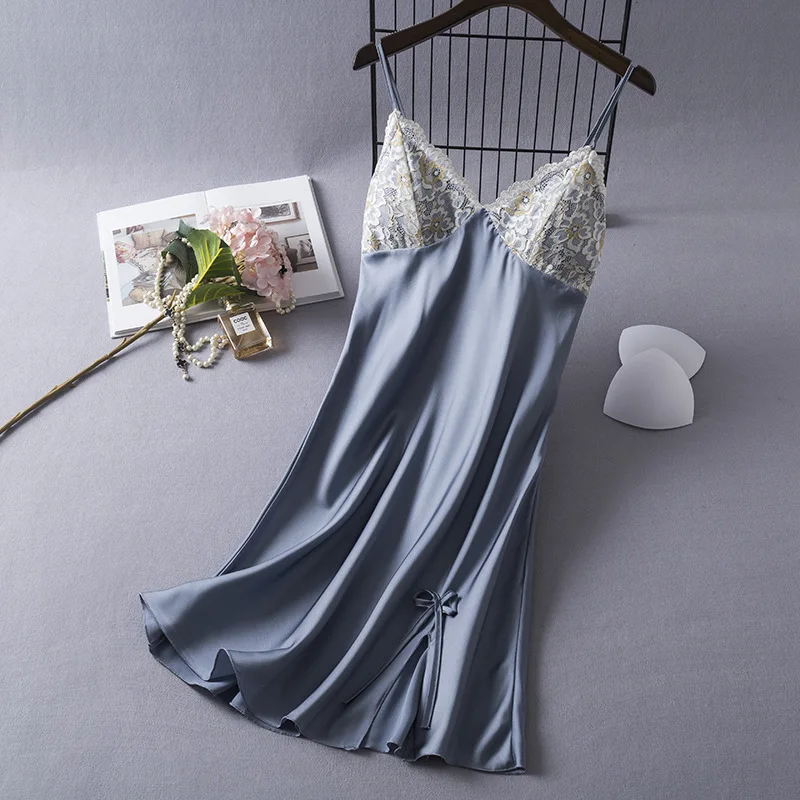 

Lace Nightdress Sleepwear Women Ice Silk Home Clothes with Chest Pad Robe Nightwear Sleep Dress V Neck Suspenders Homedress