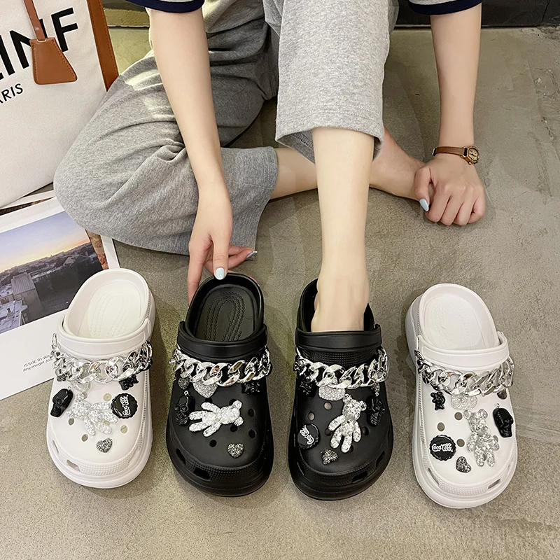 

Сандалии женские на платформе, повседневная Нескользящая пляжная обувь с бусинами, на завязках, с жемчугом, клоги, для улицы