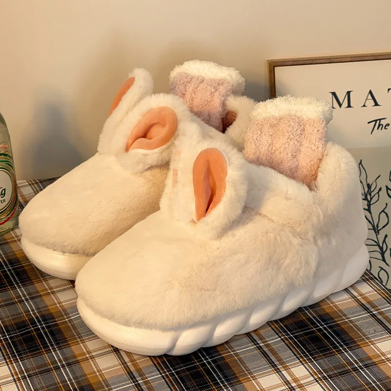 Cute Rabbit Cotton Slippers Woman Cute Cartoon Plush Shoes Slides Winter Indoor Warm Fluffy Platform Female Home Cotton Slipper