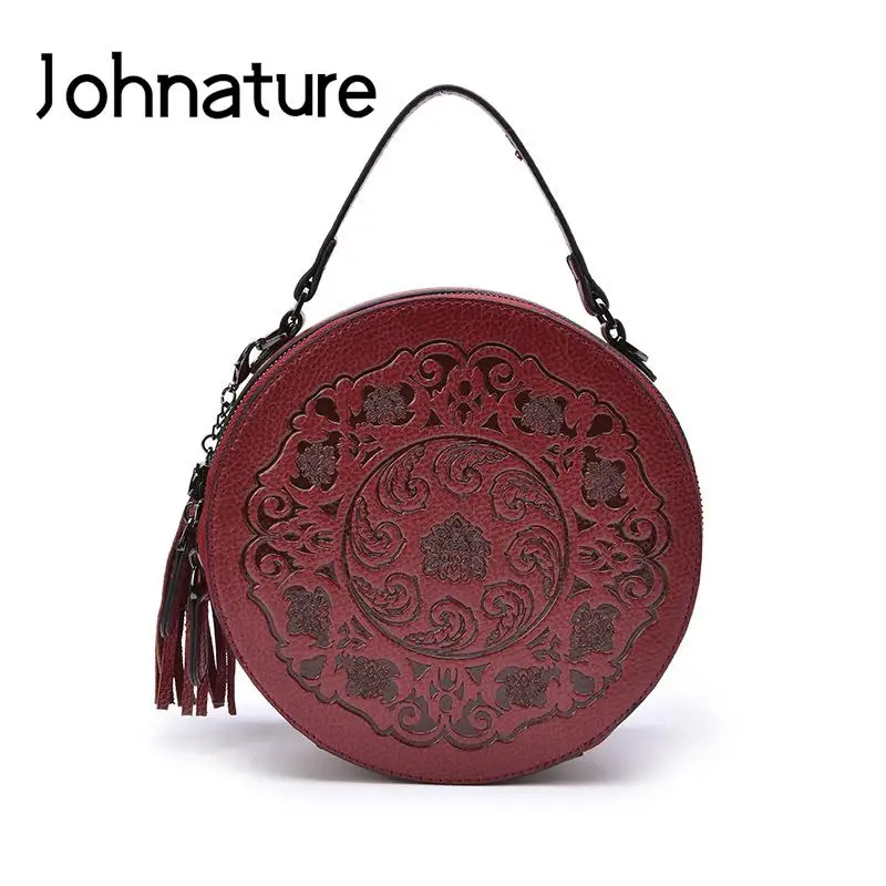 

Johnature Vintage Totem Embossing Women Bag 2022 New Genuine Leather Circular Handbag Leisure Cowhide Shoulder & Crossbody Bags