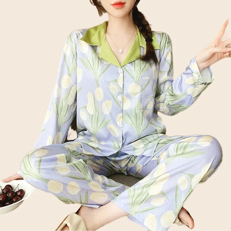 Rayon Pajama Sets Women Tulip Flower Nighty T-Shirt  Homewear Cozy Big Size Pijamas Luxury Designer Clothing Women Sleepwear