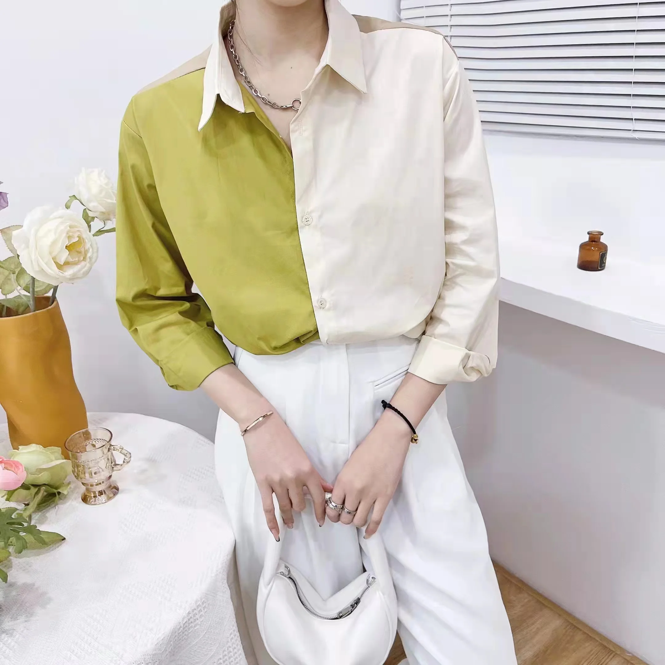 

Contrast Color Stitching Shirt Women Spring Elegant Chic Long Sleeved Shirt Top Blusas Mujer De Moda 2022 Verano Elegantes
