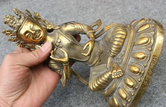 8-дюймовая тибетская бронзовая позолоченная статуя бодхисаттвы Joss Green Tara Kwan-yin