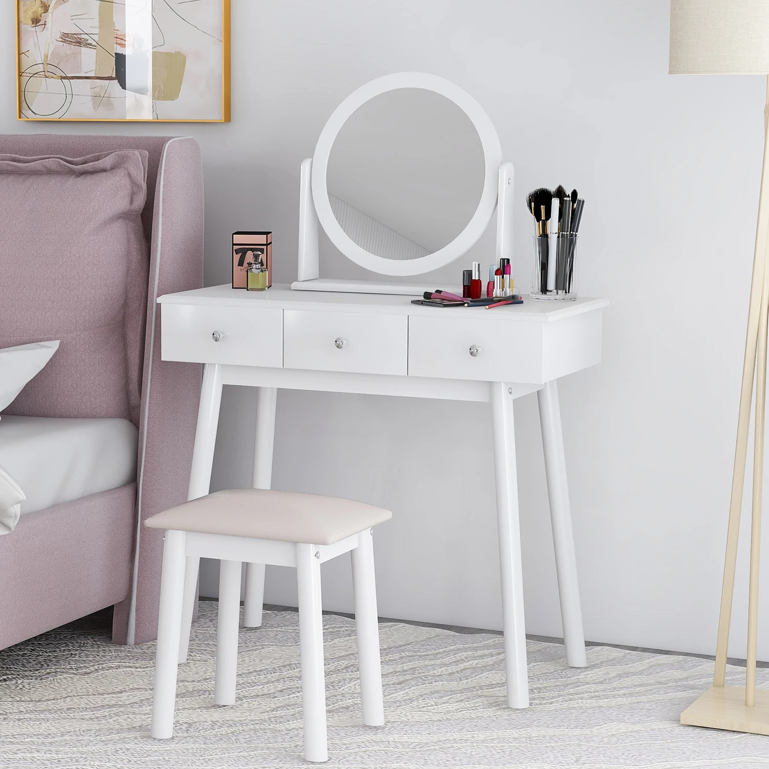 

Dressing Table Makeup Table Vanity Dresser with Twisted Round Mirror 3 Drawer with Dressing Stool Home Furniture Dressers