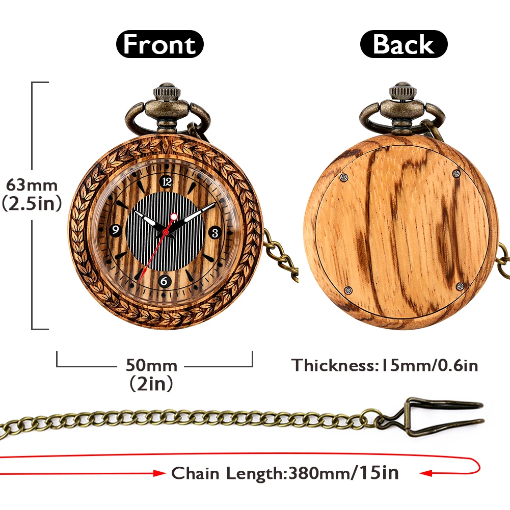 Zebra Wood Pocket Watch Necklace Luxury Gifts for Men Women Analog Fob Chain Quartz Watch Vintage Pendant Reloj De Bolsillo