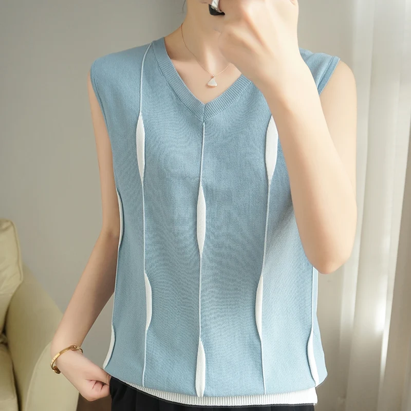 

Summer 2022 Ladies Knit Sleeveless Sweater Ice Silk T-Shirt Thin Tank Top Short Loose T-Shirt New Women Waistcoat V-Neck Blouse