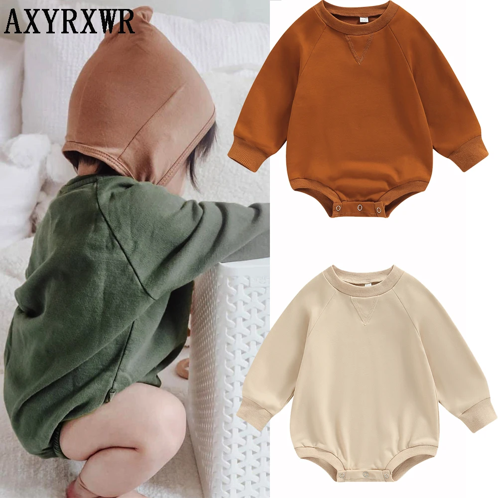

Осенний однотонный комбинезон для новорожденных мальчиков и девочек, одежда для малышей 0-24 месяцев, детский Свободный свитшот с круглым вырезом и длинным рукавом, комбинезоны, комбинезоны