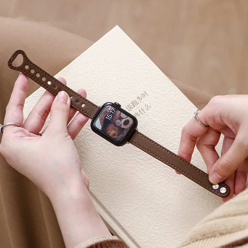 Slim Thin Leather Strap For Apple Watch band 44mm 40mm 45mm 41mm 49mm correa Women Watchband Bracelet iWatch series 8 7 6 5 se 4