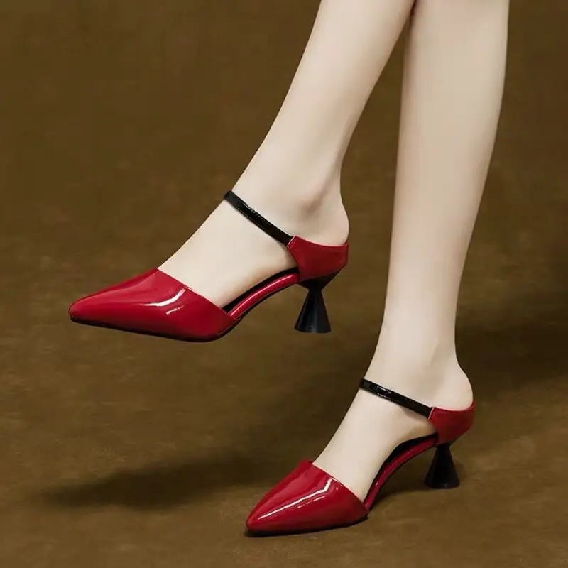 

Women Shoes Summer Sandals Pointed Baotou Half Slippers Stiletto Women's Mid-heel Slipper Pu Leather Black Comfort High Heels